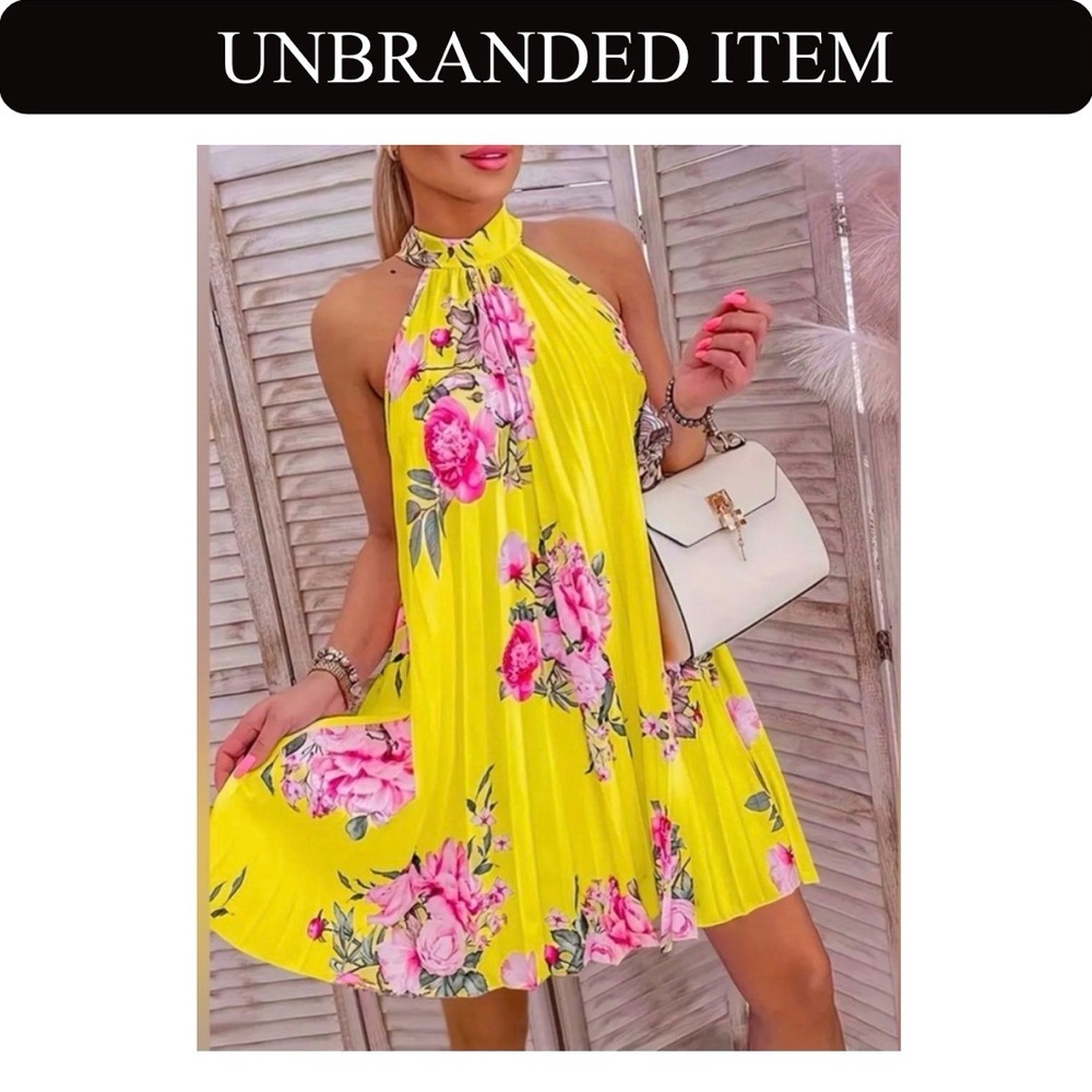 Elegant Yellow and Pink Floral Pleated Dress, NWOT